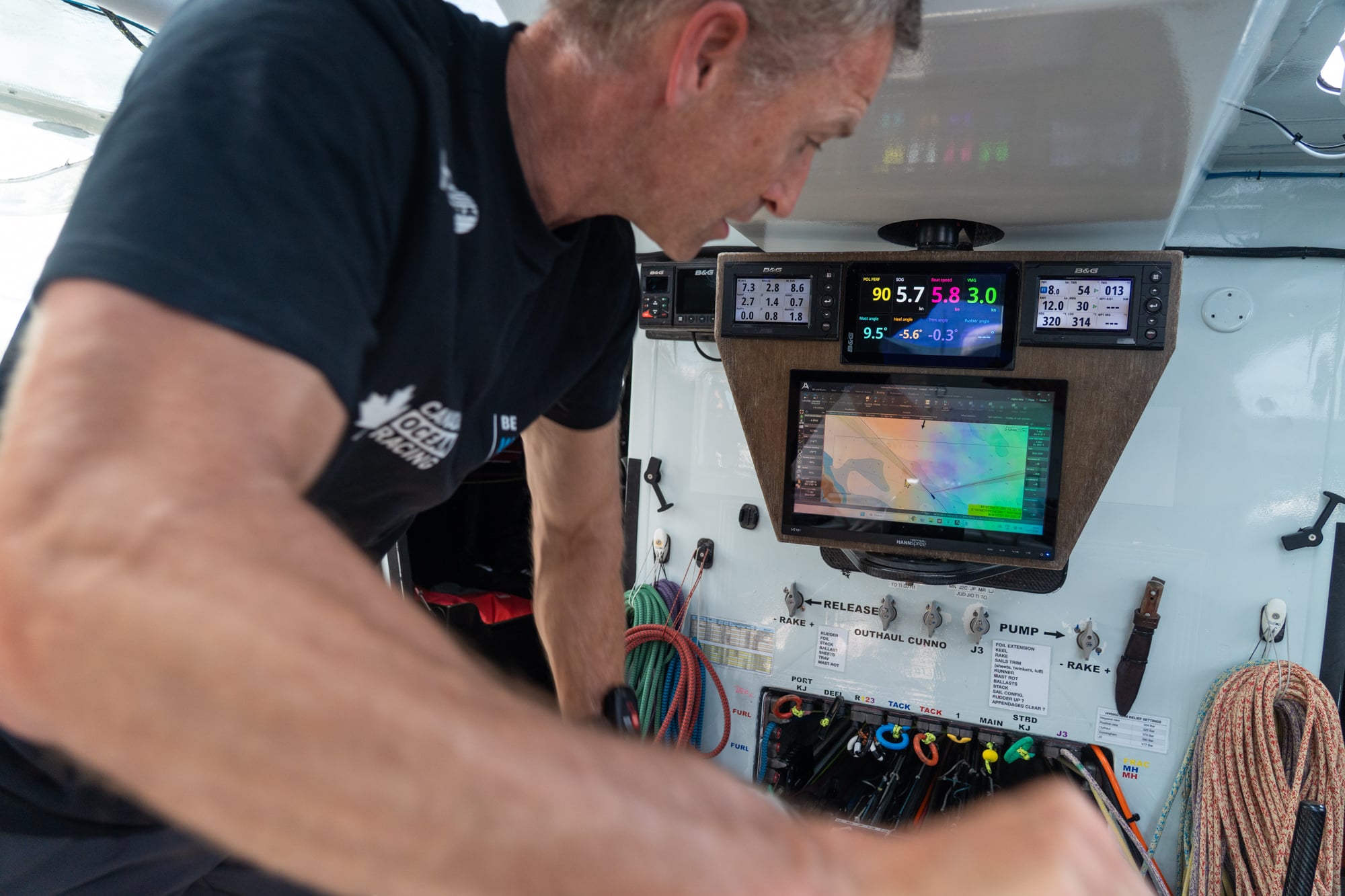 A man reads computer equipment on a boat