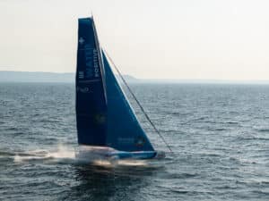 60 foot sailing boat in lake on foils